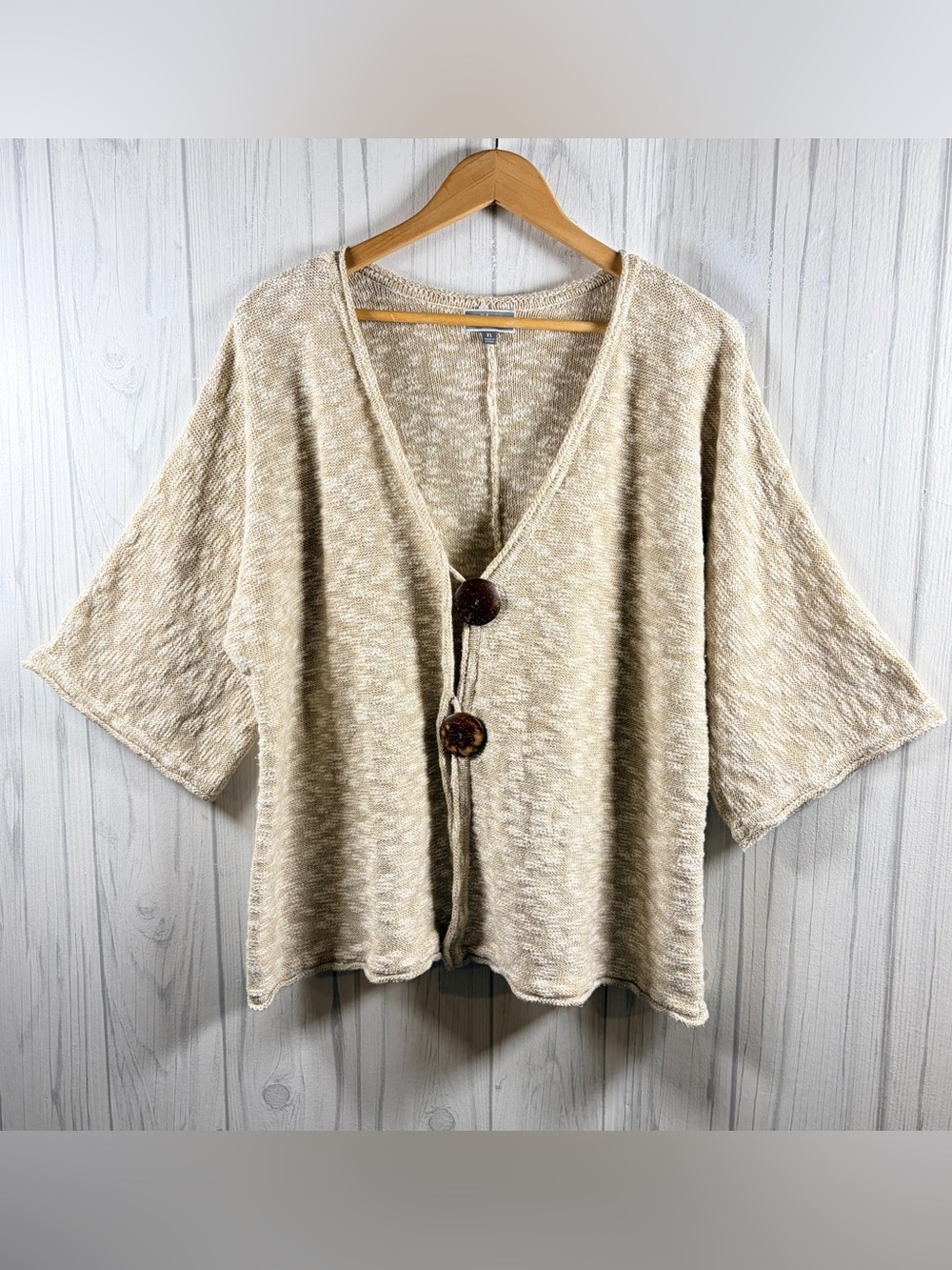 JM COLLECTION Oversized Beige Marled Knit Cardigan 1/2 Sleeve Boho Metallic, XL
